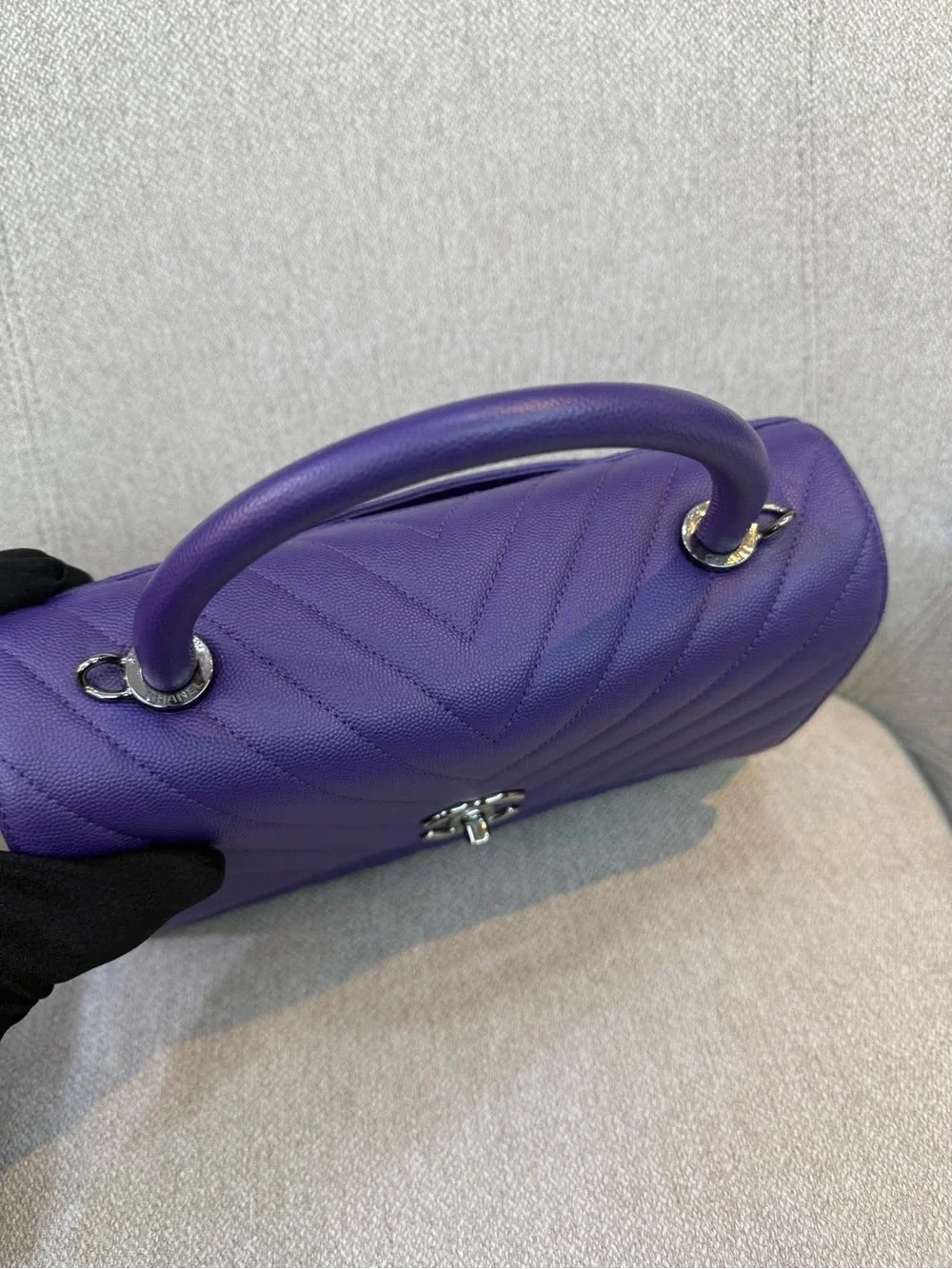 CHANEL Purple Chevron Top Handle Satchel with Silver Hardware